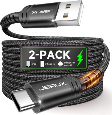 Кабель USB-C JSAUX 2 шт. (2м), 3.1A, нейлон, швидка зарядка, сумісний з Samsung Galaxy, iPhone, CarPlay, PS5