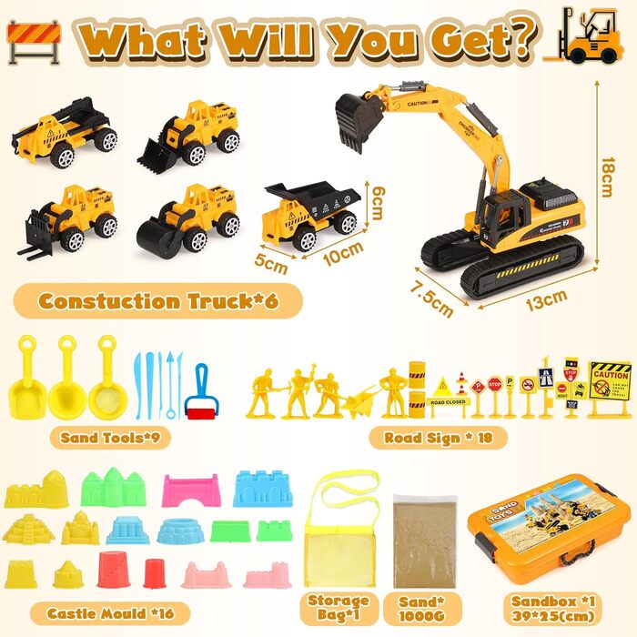 Subtail Magic Sand for Kids - 6 Construction Vehicles | 16 Castle Shapes | 18 Traffic Signs - Kinetic Sand Play Sand, Foldable Sandbox - Gifts for Boys and Girls Ages 3, 4, 5