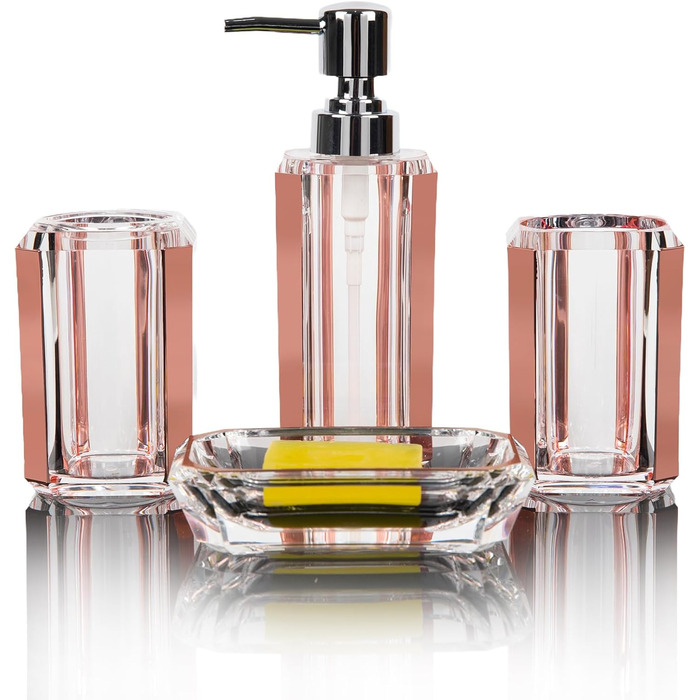 Набір аксесуарів для ванної кімнати з акрилу преміум-якості (4 шт.): дозатор для дезінфікуючого засобу, диспенсер для лосьйону, мильниця, стакан для ополіскувача, стакан для зубної пасти (чорний/золотий)