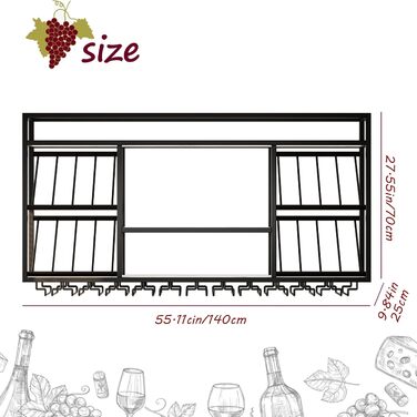 Настінна вітрина для вина з тримачем для келихів, 3-ярусна, металева вітрина в стилі рустік для бару, зберігання вина на кухні (Золотий, 140 см)
