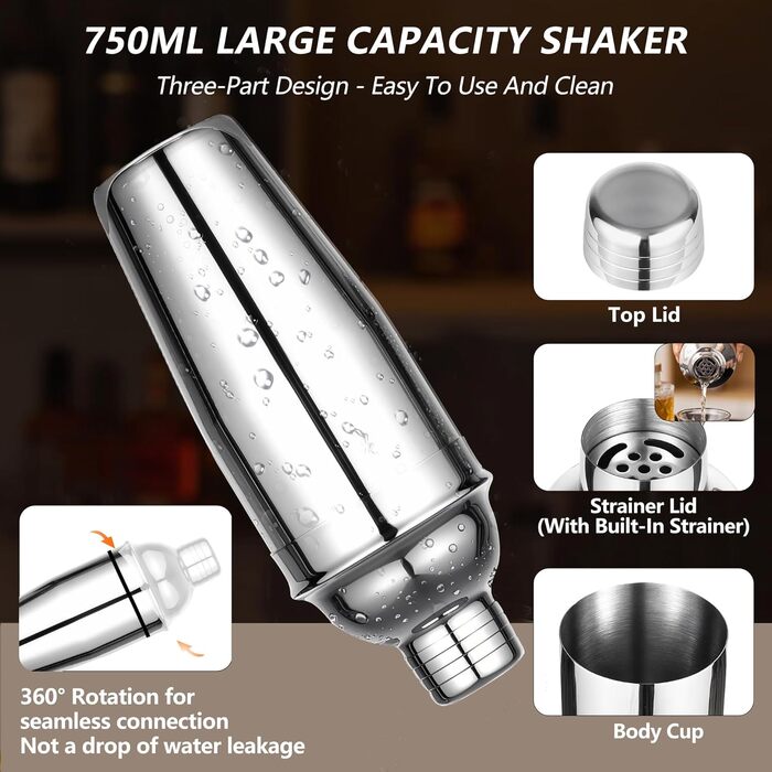 12-Piece Cocktail Shaker Set, 750ml Stainless Steel Cocktail Set with Bamboo Stand & Recipe Book, Cocktail Shaker Set, Gift for Men, Women (Home Bar, Party, Wedding)