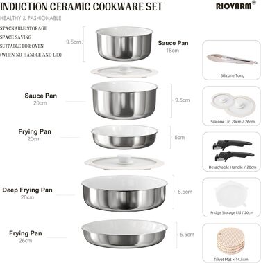 RIOVARM Induction Cookware Set with Detachable Handles - 16 Piece Nonstick Granite Stackable Pots and Pans Set with Silicone Lids - PFOA Free Stainless Steel