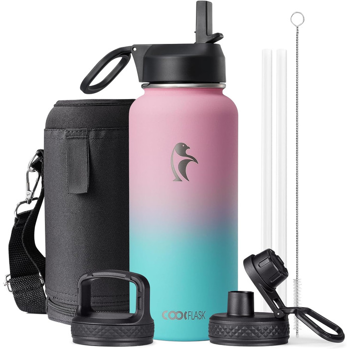 Термопляшка Coolflask 2л з соломинкою та 3 кришками, нержавіюча сталь, для спорту та офісу, герметична (Bubble Gum, 946 мл)