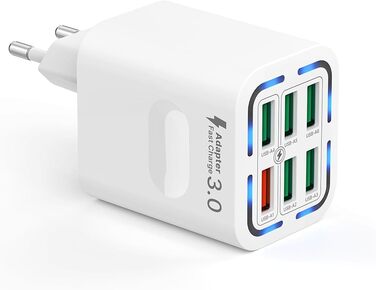 Зарядний пристрій USB 6-портовий, 33W, адаптер з QC 3.0, багатопортовий зарядний пристрій, мережевий адаптер для iPhone 16 15 14 13 12 11 Pro Max, iPad, мобільний телефон, білий