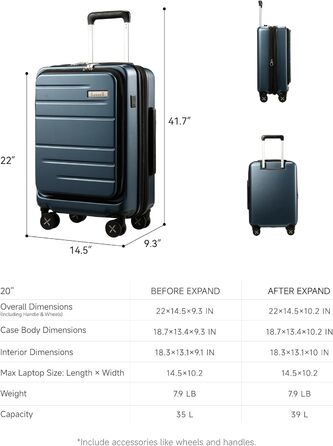 Чемодан-валіза LUGGEX на руці з відділенням для ноутбука – Розширюваний жорсткий кейс з полікарбонату з TSA-замком (56×38×24 см) (Блакитний)