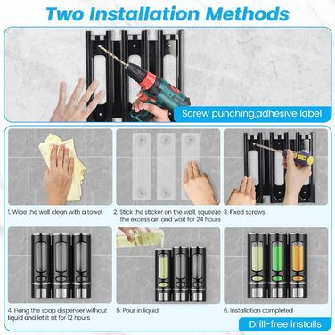 Дозатор для мила Qudubuy, 400 мл, 3 відсіки, настінний, для душу, шампуню, кондиціонера, без свердління, для ванної та кухні, велика місткість