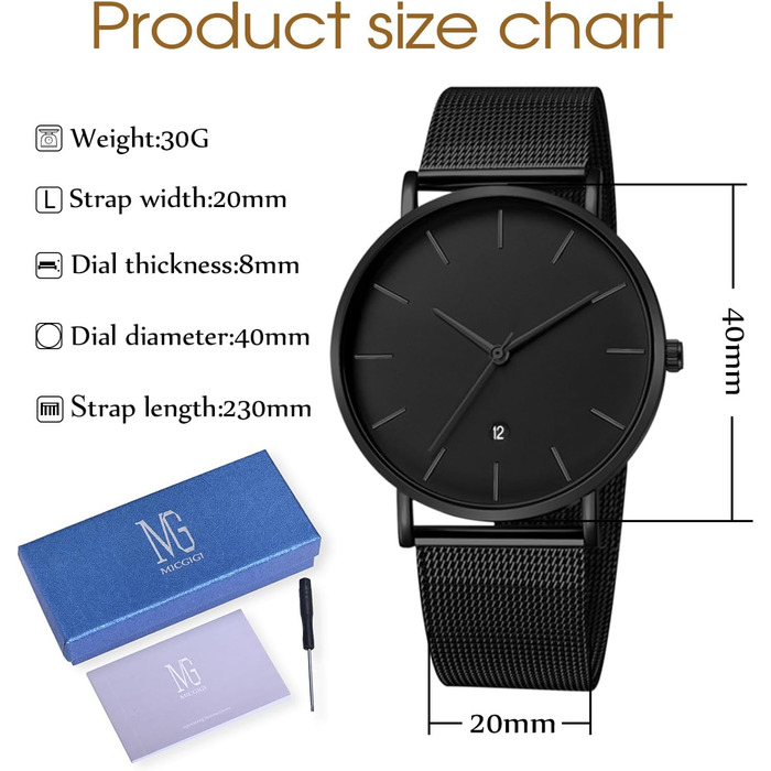 Чоловічий годинник на зап'ясті, аналоговий кварц, мінімалістичний дизайн, сталевий браслет (чорний)