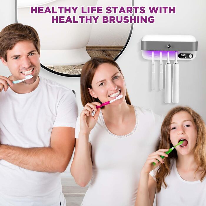 Bestcool Toothbrush Holder Wall Mount, UV Toothbrush Sterilizer with 4 Brush Slots, UVC Sterilization & Drying Electric Toothbrush Holder for Baby & Family, Bathroom Organizer