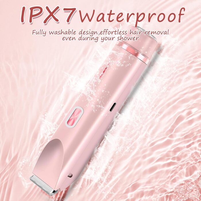 Електричний тример для бікіні для жінок, 2-в-1, рожевий. Тример для тіла, обличчя, брів, вусів, бороди, рук та ніг. Вологостійкий IPX7, для сухого та вологого використання.
