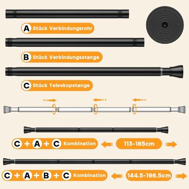 Тelescopic штанга для карнизів без свердління 120-200 см - для штор, душових перегородок, вікон, ванної кімнати (1 шт., чорний)