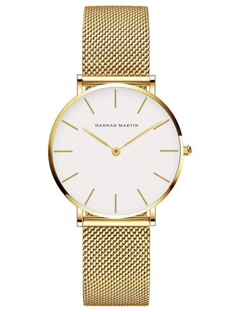Годинник жіночий Hannah Martin, кварцовий, аналоговий, з нержавіючої сталі, водонепроникний, ультратонкий, сітка, білий корпус, золотий браслет
