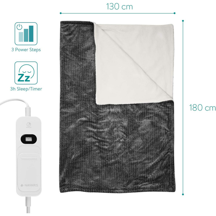 Електрична ковдра Navaris XXL з підігрівом 180x130 см, 3 режими, автовимкнення, пральна, сіра та біла, плюшева