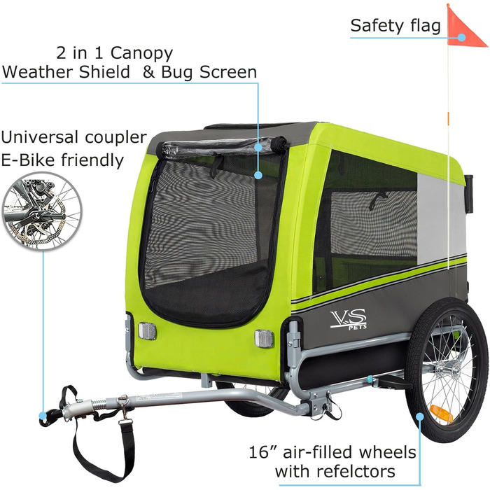 Візок для собак Tiggo VS Pets 2-в-1: візок та велосипедний причіп, великий, 270 л, до 35 кг (зелений)
