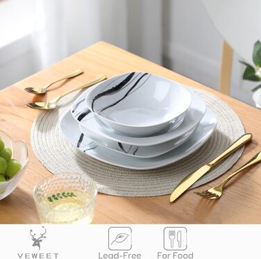 VEWEET Набір посуду з порцеляни для 4 осіб (24 елементи), серія FIONA: чорно-сірий декор, 12 елементів (тарілки та миски), підходить для щоденного використання, миється в посудомийній машині та розігрівається в мікрохвильовці