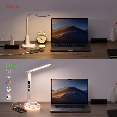 LED настільна лампа з USB зарядкою, годинником, LCD дисплеєм та регулюванням температури для спальні, офісу (біла)