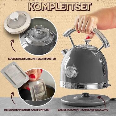 Електричний чайник ProfiCook® PC WKS 1192, 1,7 л, антрацит, ретро-дизайн з металевим корпусом та хромованими деталями, з індикатором температури, 2200W