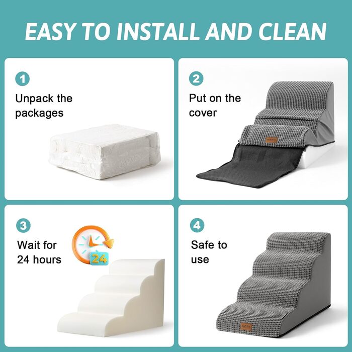 Dog Stairs for Small Dogs 50cm, Pet Stairs for Bed made of High-Density Sponge, Dog Stairs Dog Ramp with Washable Cover and Non-Slip Bottom, 40x72x50cm, 4 Steps, (Gray, 2 Steps (40x50x30cm))