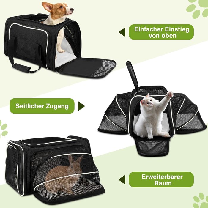 Розширювана переноска для котів та маленьких собак ALLSOPETS, м'яка переноска з 2 розширеннями, виймається флісове ліжко та кишені (Сірий & Зелений) (Чорний & Білий)