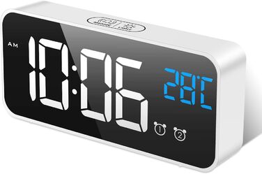 Цифровий годинник MOSUO з LED-дисплеєм, USB-зарядка, показник температури, голосове керування, 2 таймери, функція відкладання, регулювання яскравості та гучності, білий
