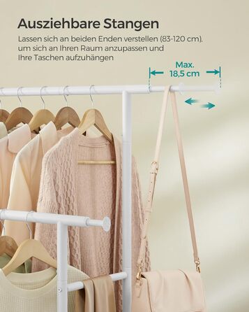 SONGMICS Clothes Rack with 2 Clothes Rods, Extendable Wardrobe Rail, with Wheels, Coat Rack, Height Adjustable between 113 and 180 cm, Lower Rod Adjustable, LLR401R01 (Cloud White, 120D x 50W x 156H cm)