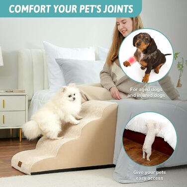 Dog Stairs for Small Dogs 50cm, Pet Stairs for Bed made of High-Density Sponge, Dog Stairs Dog Ramp with Washable Cover and Non-Slip Bottom, 40x72x50cm, 4 Steps, Beige