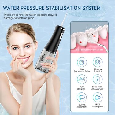 Іригатор для порожнини рота Wasser Dental з 4 режимами, 300 мл, для чищення зубів та міжзубних проміжків, портативний, IPX7, чорний