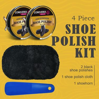 COMVERIX Set with 2 Black Nail Polishes, 45 ml, Nail Polish Set with Shoe Cream, Shine Cloth, Durable Horn, Shiny Finish, Black Shoe Polish Included, Black, 50ml