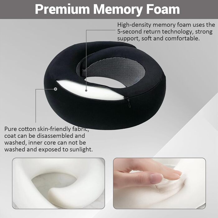 Подушка для подорожей на літак 2024 з підтримкою підборіддя, Memory Foam, чорна