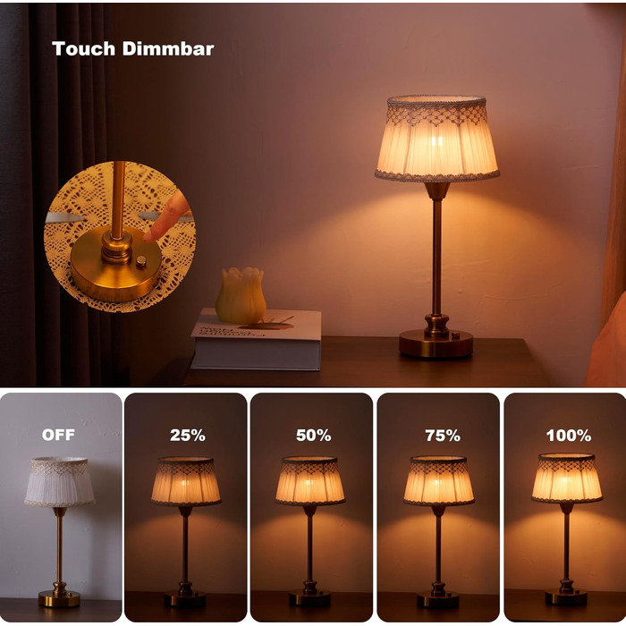 Настільна лампа OCEST з акумулятором, сенсорне керування, регулювання яскравості, для дому, кухні, тераси, їдальні (античне латунь-льон), тканинний абажур 27,5 см