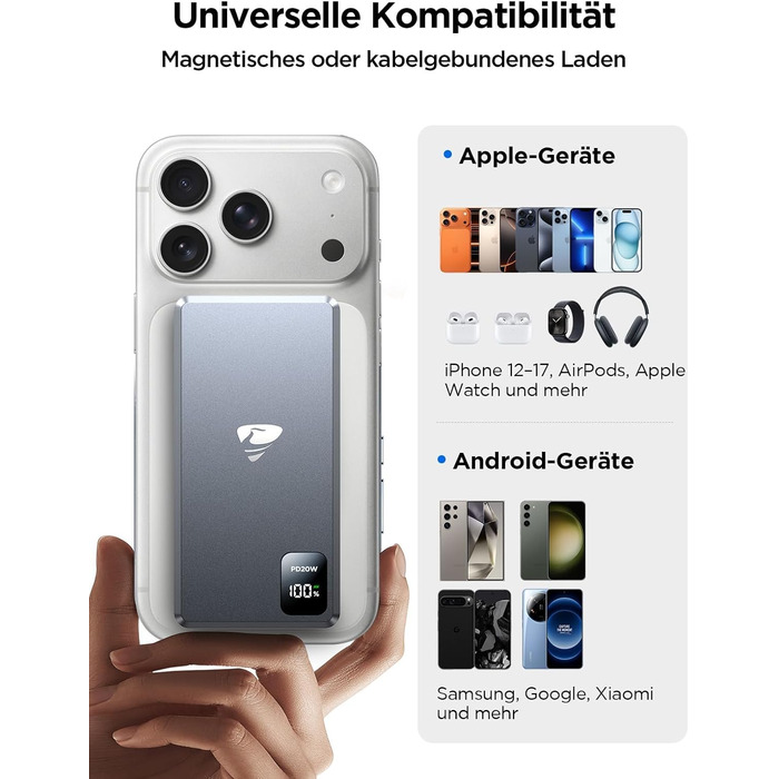 Портативний зарядний акумулятор Powerbank з MagSafe, 5000mAh, 20W PD, 15W Wireless, USB-C, для iPhone, AirPods (Сірий)