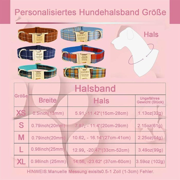 Нашийник для собак з металевою застібкою, двосторонній, з іменем та номером телефону, регульований розмір, M та L (Тартан)