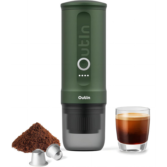 Outin Nano Portable Electric Espresso Machine, Camping Coffee Maker, Self-Heating with USB-C, Compatible with Ground Coffee & Nespresso Capsules, Forest Green