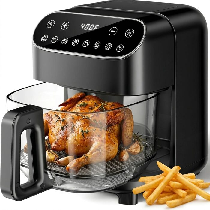 Скляна аерофритюрниця Kismile 4.7 л, без PFAS, сенсорне керування, 1500 Вт, 8 програм (сірий)