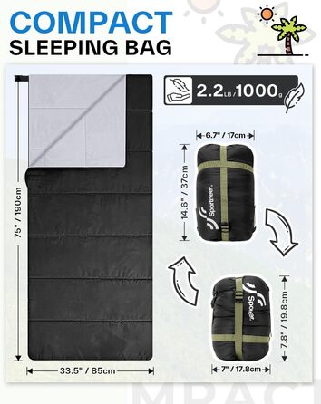 Sportneer Summer Sleeping Bag - Lightweight, Waterproof Camping Sleeping Bag for Backpacking, Hiking, Travel - 190x85cm