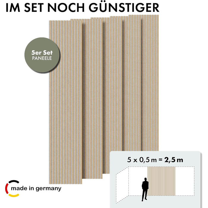 Акустичні панелі Momento Holz, 240x50 см, Дуб натуральний, Made in Germany. 3D ламелі для декору стін, звукоізоляція, панелі з дерева, 1 шт.