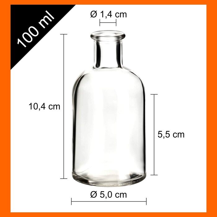 Gouveo 24-Piece Glass Bottles 100 ml Apothecary Design Round with Corks (HGK) - Small 0.1 l Glass Bottle for Liqueur, Oil, Vinegar, Decor (AFRT100HGK)