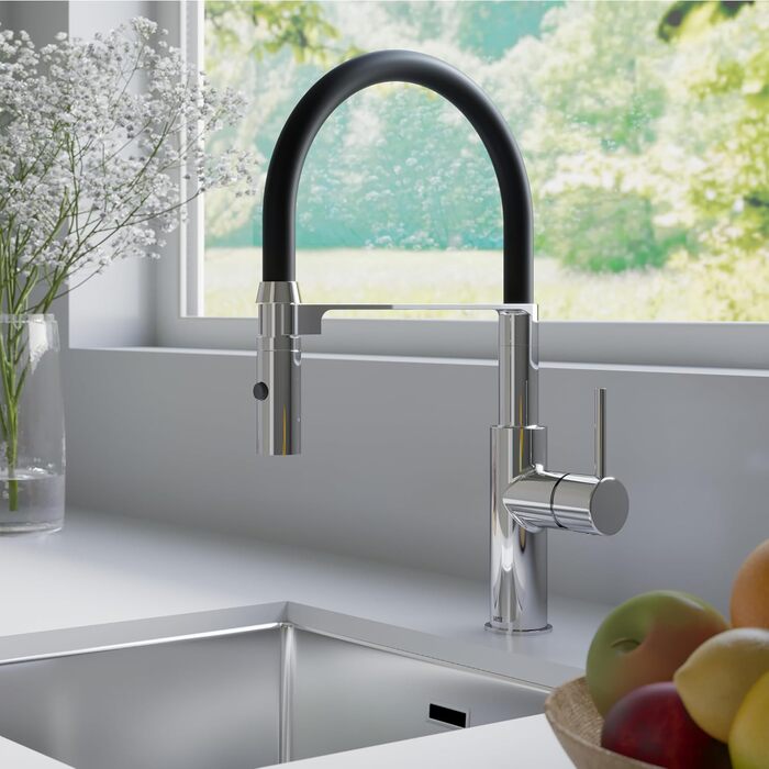 Кухонний змішувач Lenz NALU - матовий, з висувною лійкою, 2 режими, економія води, антижир, монтаж зверху, 46070422 (хром)