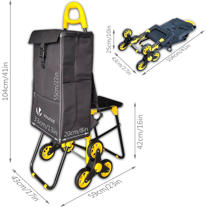 VOUNOT Shopping Cart with Stairs Climber, Cooler Compartment & Folding Seat - 3-Wheel Folding Grocery Cart (40L)