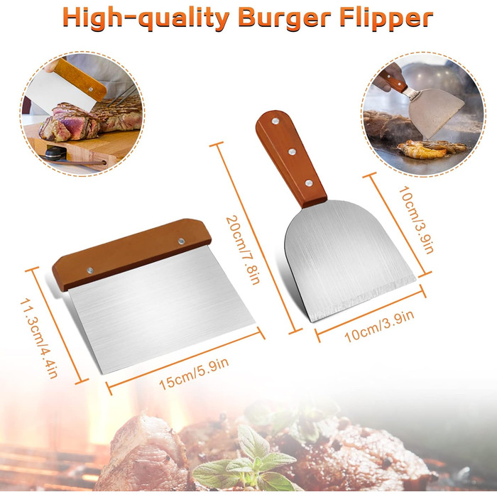 Набір інструментів для гриля MAIKEHIGH: 8 штук з нержавіючої сталі. Професійний шпатель, лопатка, щипці для BBQ, Teppanyaki, кемпінгу та гриля на плоскій поверхні.