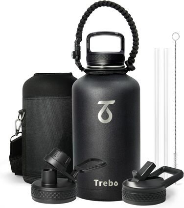 Trebo Thermos Flask with Straw 2L, Stainless Steel Water Bottle with Paracord Handle & 3 Lids, Stainless Steel Wide Mouth Drinking Bottle Large Sports Bottle Keeps Drinks Cold for 48 Hours, Black