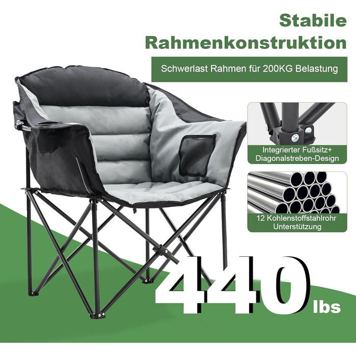 Кемпінговий стілець складний (200 кг) з подушкою 6 см - великий, для риболовлі, кемпінгу, саду та фестивалів - міцний, з бічними кишенями та сумкою для перенесення, чорно-сірий