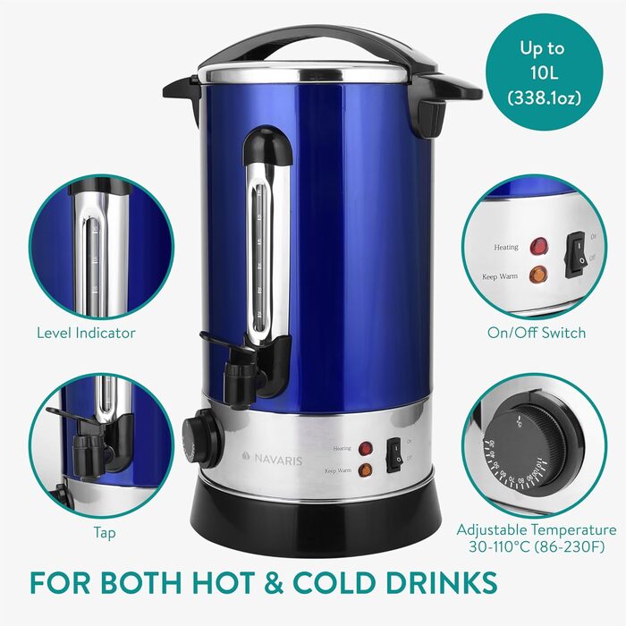 Navaris Mulled Wine Warmer/Hot Water Dispenser - Stainless Steel - with Thermostat, Level Indicator, Tap - Mulled Wine/Hot Beverage Dispenser (10 l, Blue)
