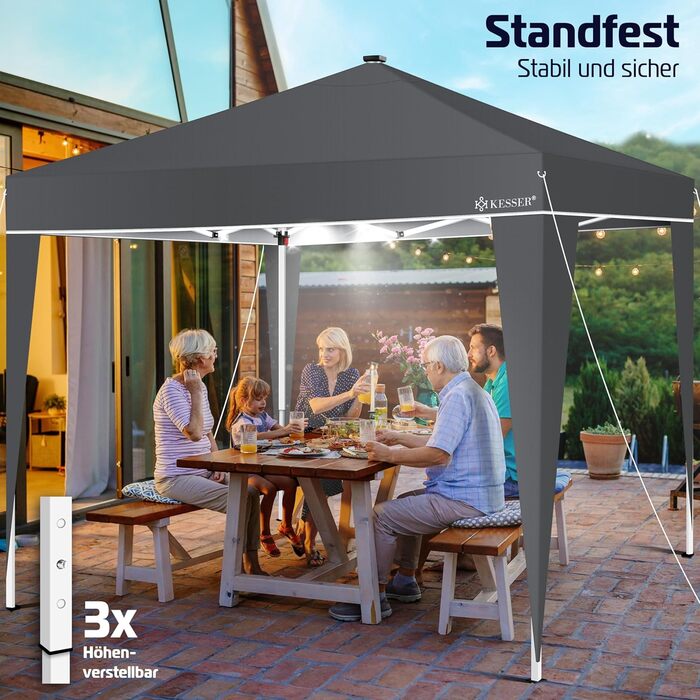 KESSER® Gazebo Folding Gazebo Lighting | Pop-Up Garden Gazebo Height Adjustable, Stable, Waterproof, Winterproof | Party Tent Event Tent UV Protection 50+ incl. Remote Control & Bag (3x3m with LED, Anthracit)