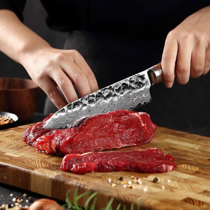 Ніж Santoku Wakoli Olive з дамаської сталі 17 см - професійний кухонний ніж з дамаської сталі 67 шарів з серцем VG10, ручка з оливкового дерева - для м'яса, риби та овочів, в дерев'яній коробці