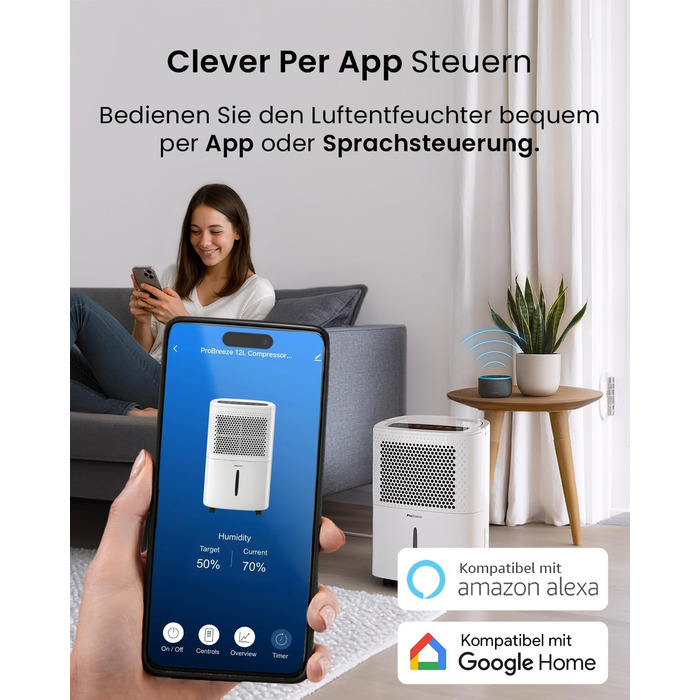 Про Бріз® Eco Kompakt 12L/день - Розумний осушувач повітря з Wi-Fi, LED-дисплеєм, функцією сушіння та автоматичним вимкненням (12л, 20 м²)