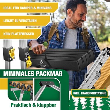 Складний кемпінговий стіл KESSER® 120x70 см з алюмінієвим каркасом та дерев'яною текстурою, до 100 кг, з сумкою для транспортування