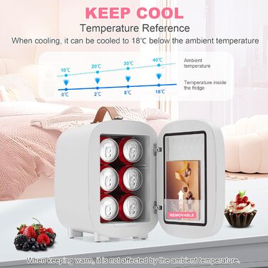 Mini-холодильник Enventor на 6 банок: косметичний холодильник з регульованим LED-дзеркалом, AC+12V DC, охолоджувач та нагрівач для спальні, дому, авто/догляду за шкірою та харчовими продуктами (білий, 4L)