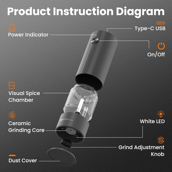 Електричні мельниці для спецій SIMPLETASTE 2 шт. з регульованим керамічним жорном, ABS, працюють від батарейок