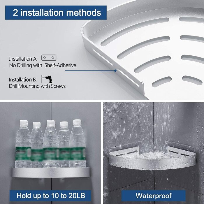GERUIKE Shower Shelf No Drilling Shower Basket Shower Shelf Corner Wall Mount Adhesive Pad Silver Aluminum 2 Pack Shower Gel Shampoo Holder Corner Shelf Corner Rack for Shower Bathroom Kitchen