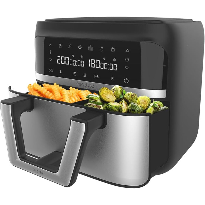 Cecotec Oil-Free Hot Air Fryer, 9L Cecofry Dual 9000 Air Fryer. 2850W, Digital and compact, Dual Temperature, PerfectCook Technology, possibility to split the bowl into 2 x 4.5L, 6 Modes Stainless Steel 1 Basket 9 Liters + Divider